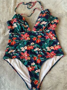 SHEIN Navy One-Piece Swimsuit with Pink & Green Floral Print